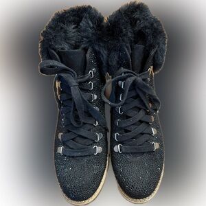 Women's Inc. Black Fur-accent Lace-Up sparkly boots. NWOT. Size 9.